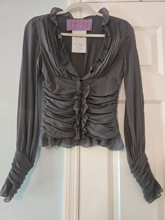 Tuleh Tops - Tuleh Ruffled Button-Front Blouse - Gray
